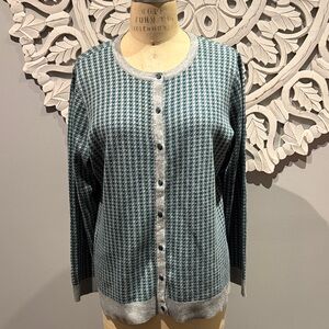 Vintage Christopher & Banks green-Gray Cardigan Sweater houndstooth pattern XL